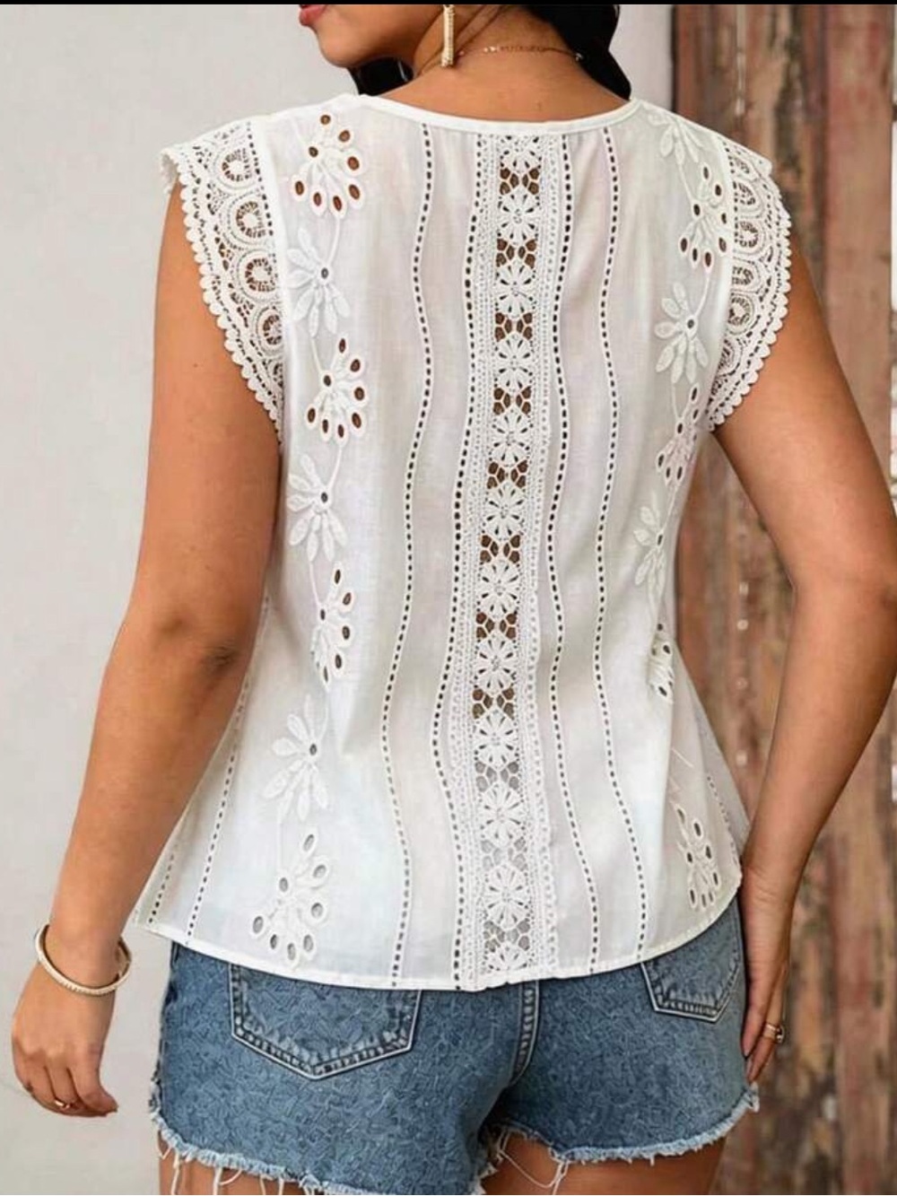 Boho Plus Size White Eyelet Lace Cap-Sleeve Top Blouse Shirt